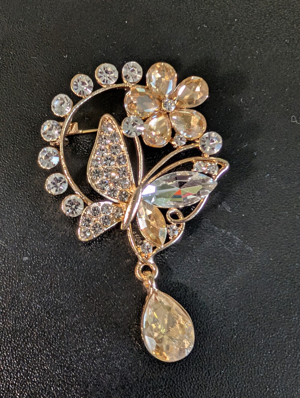 Crystal Butterfly Floral Brooch Pin in Champagne Gold